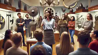 Une femme faisant une conférence dans un musée.