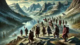 Guerreros y chamanes atraviesan montañas escarpadas en dirección a la guarida de la Serpiente, con un lago visible de fondo.