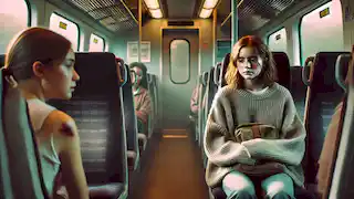 Uma adolescente nervosa, segurando uma mochila pequena, senta-se em frente a Emma no trem.