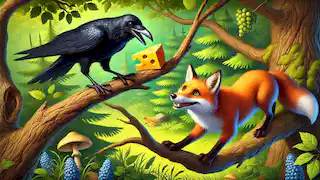 Un corbeau perché sur une branche d'arbre avec un morceau de fromage dans le bec, tandis qu'un renard le flatte depuis le sol.