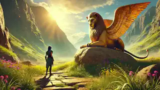 Aletheia se encuentra ante la esfinge en un valle dorado, lista para responder su enigma en medio de un paisaje exuberante y bañado por la luz del sol.