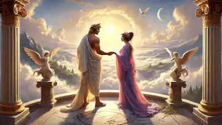 Zeus y Hera están de pie en un balcón de mármol, reconciliándose bajo un cielo dorado, con nubes y aves divinas de fondo.