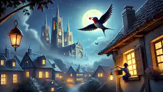 Una golondrina vuela a través de la noche llevando un rubí, con una catedral y los tejados de la ciudad abajo.