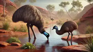 El emú y el jabirú comparten agua en un pequeño manantial escondido en el Outback australiano.