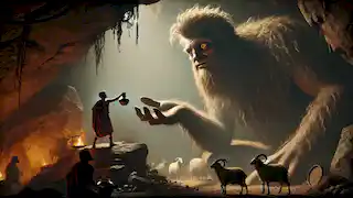 Ulises le ofrece un odre de vino a Polifemo, el Ciclope, quien, por curiosidad, se acerca en la penumbra de la cueva.