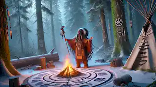 Un chamán nativo americano realiza un ritual sagrado en un bosque nevado, buscando protección contra el Wendigo.