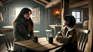 Pilar y su amor de la infancia comparten una conversación cálida en un acogedor café, mientras la nieve cae afuera.