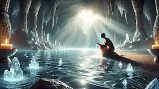 Arash se arrodilla junto al resplandeciente Río Sagrado en una majestuosa cueva rodeada de brillantes cristales.