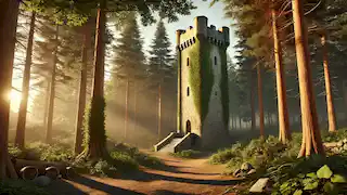 Una alta torre de piedra se erige en un denso bosque al atardecer, con hiedra creciendo en sus muros.