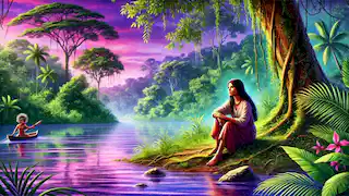 María se sienta sola junto al río Amazonas, sumida en sus pensamientos, mientras el sereno cielo de la tarde refleja su agitación interior.