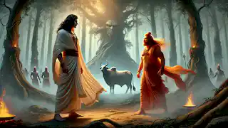 Vashishta y Vishwamitra se enfrentan en un antiguo bosque, mientras la vaca divina Nandini se encuentra cerca.