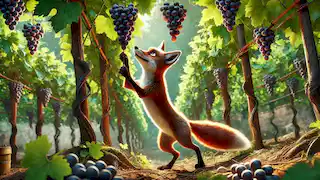 Félix, el zorro, está de pie sobre sus patas traseras, estirándose para alcanzar las uvas que cuelgan altas de la vid.