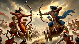 Arjuna y Karna luchan ferozmente con arcos en sus carrozas durante la guerra de Kurukshetra, rodeados de caos.