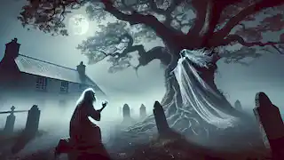 Padraig O'Connor se arrodilla con asombro ante la fantasmal Banshee, cerca de un viejo roble bajo la luz de la luna.