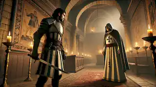 Altair confronta a Garnier de Naplouse en un oscuro edificio de piedra, preparándose para asestar el golpe final con su hoja oculta.