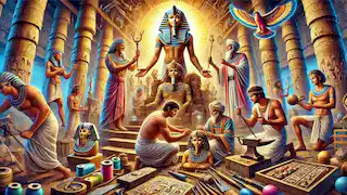 Artisanos egipcios esculpiendo estatuas y forjando herramientas bajo la guía de Ptah.
