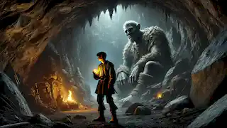 Askeladden se acerca con cautela al gigante que duerme en una vasta cueva llena de tesoros.