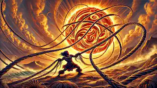 Maui lucha por sostener el sol con gruesas cuerdas mientras este se eleva, con el cielo en llamas de colores intensos.