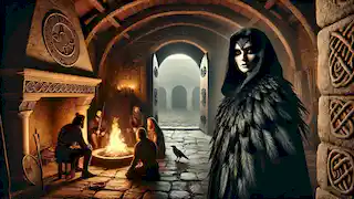 Die Morrigan in einem Mantel aus Rabenfedern steht im Eingang einer großen Halle, ihre durchdringenden Augen fesseln alle Blicke.