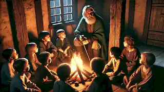 Un Aaron mayor, ahora anciano, se sienta junto al fuego contando su historia a los niños, quienes lo escuchan atentamente a la cálida luz del fuego.
