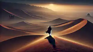 Arash se afasta do vale ao entardecer, com longas sombras se estendendo sobre as areias do deserto.