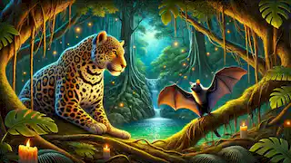Un jaguar y un murciélago se encuentran cerca del cenote en una jungla iluminada por la luna, rodeados de un denso follaje y luciérnagas brillantes.