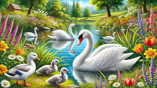 Um bando de elegantes cisnes brancos deslizando em um lago sereno, com uma paisagem vibrante e detalhada.