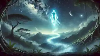 El resplandeciente espíritu de Mixcoatl asciende hacia un cielo estrellado, dejando atrás la jungla y adentrándose en el reino celestial.