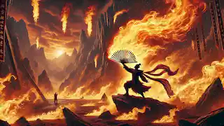 Tang Sanzang steht vor der Königin des Frauenreichs, während Sun Wukong und die anderen im Hintergrund zuschauen.