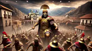 Pachacuti lidera la defensa de Cusco contra los guerreros Chanka invasores, con nubes de tormenta sobre los Andes.