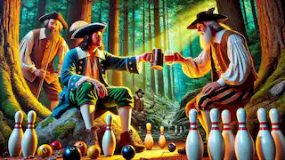 Rip Van Winkle bebiendo con hombres misteriosos en el valle.
