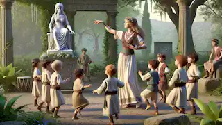 Elara enseñando a jóvenes bailarines la danza coribántica en un sereno bosque sagrado.