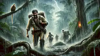 Exploradores atrapados en una fuerte tormenta, luchando a través de la selva fangosa mientras relámpagos iluminan el oscuro cielo.