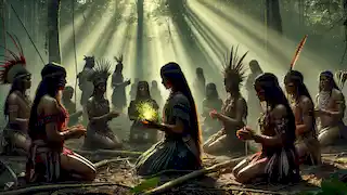 Los guerreros icamiaba se arrodillan en la tranquila jungla, lamentando a sus hermanas caídas tras la batalla, mientras la luz del sol se filtra entre los árboles.