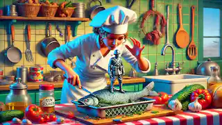 La cocinera descubriendo el soldadito de plomo dentro del pez que estaba limpiando.