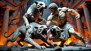 Hércules lucha contra Cerbero, el perro de tres cabezas, en el oscuro y ardiente inframundo.