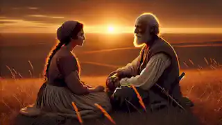 Bamsi Beyrek y Banu Çiçek, en la madurez de sus años, contemplan un sereno atardecer sobre las estepas, reflexionando sobre su trayectoria.