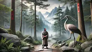 El erudito Liang, guiado por una grulla, camina a través de un bosque neblinoso hacia el místico Pico del Dragón.