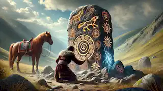 Turkyn se arrodilla junto a un antiguo pilar de piedra adornado con símbolos brillantes, mientras su caballo Karash permanece cerca.