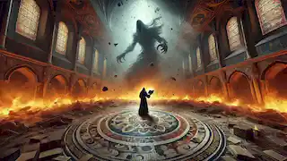 Heinrich lleva a cabo un ritual en el gran salón mientras el espectro se encuentra atrapado en un vórtice de luz y oscuridad.