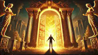 Calistenes se queda asombrado ante las brillantes puertas doradas de Elíseo, que se abren para revelar el paraíso que se extiende más allá.