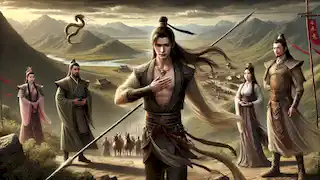 Nezha bereitet sich am Chentang-Pass auf sein Selbstopfer vor, während seine Eltern in Trauer zuschauen, und der Drachenkönig am Himmel schwebt.