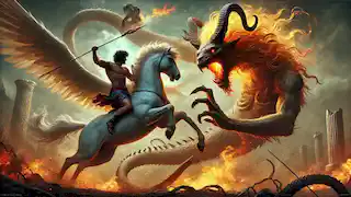 La bataille décisive entre Bellerophon monté sur Pégase et la Chimère, marquée par le feu, le venin et un combat intense dans les airs.