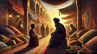 Darius hört einem alten Mann in einem geschäftigen persischen Marktplatz zu, während die Sonne über den bunten Ständen mit Waren untergeht.