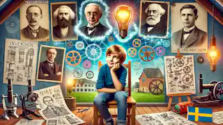 Erik stellt sich vor, ein Erfinder zu sein, inspiriert von historischen schwedischen Erfindern wie Alfred Nobel und Lars Magnus Ericsson.