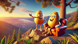 Spud y Chip, un nuevo amigo, se encuentran en un mirador escénico al atardecer, admirando la vista.