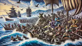 La batalla naval de Dan-no-ura entre las flotas Taira y Minamoto.