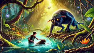 Mia se adentra en una poza oculta del pantano, ayudando al Bunyip a liberar a una criatura más pequeña atrapada entre las raíces.