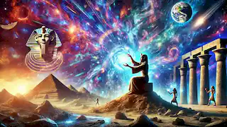Ptah creando el mundo, modelando el primer montículo de tierra, rodeado de luz y de un universo en formación.