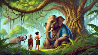 Hathi, el elefante, dando consejos a Mowgli y Bagheera.
